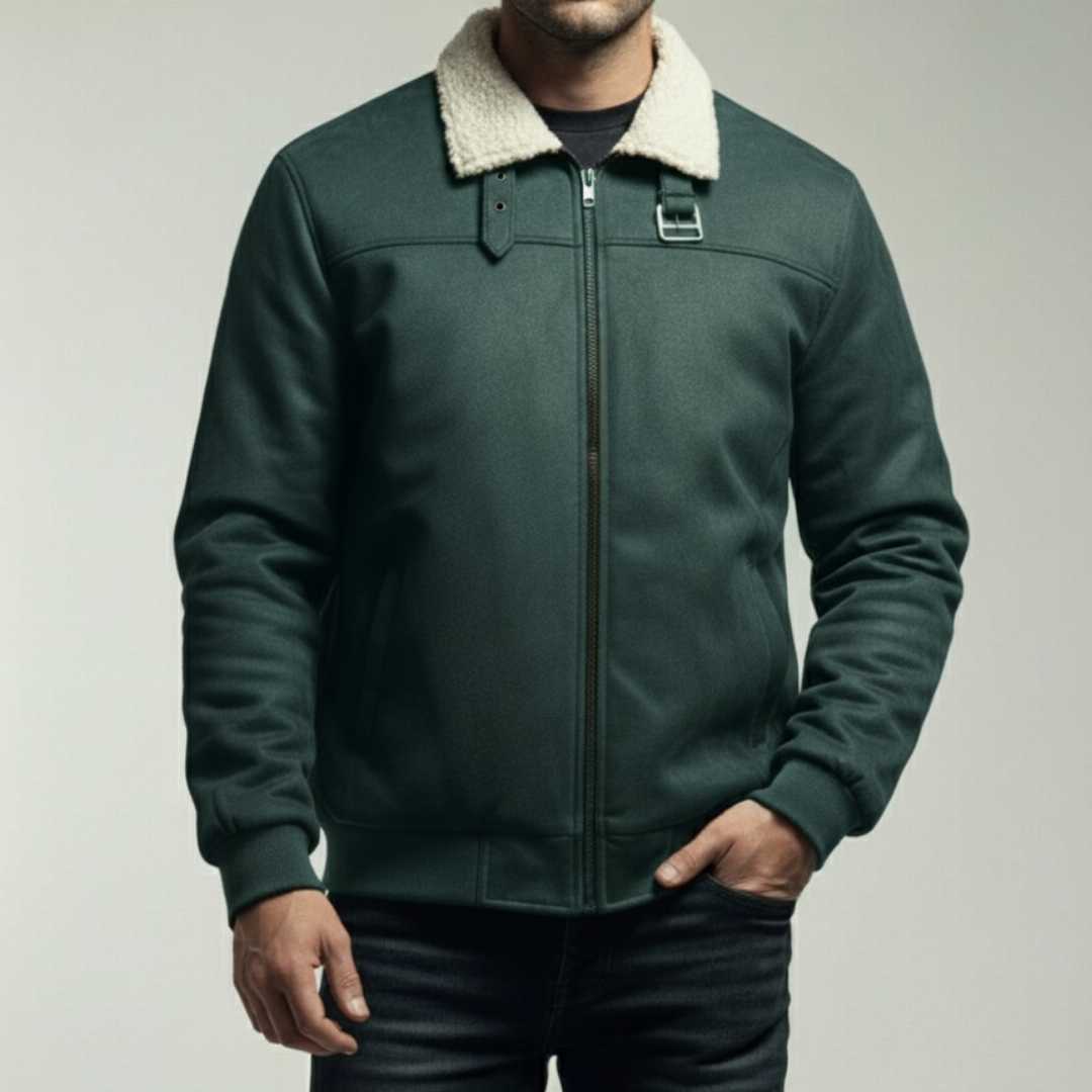 Men's,Dark,Green,Bomber,Jacket,with,Cream,Sherpa,Collar